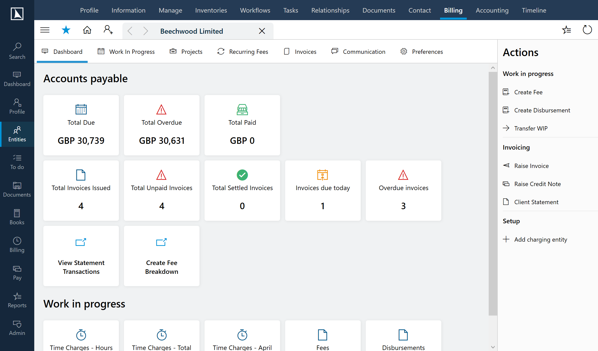 Example image of the Billing section within the PlainSail application