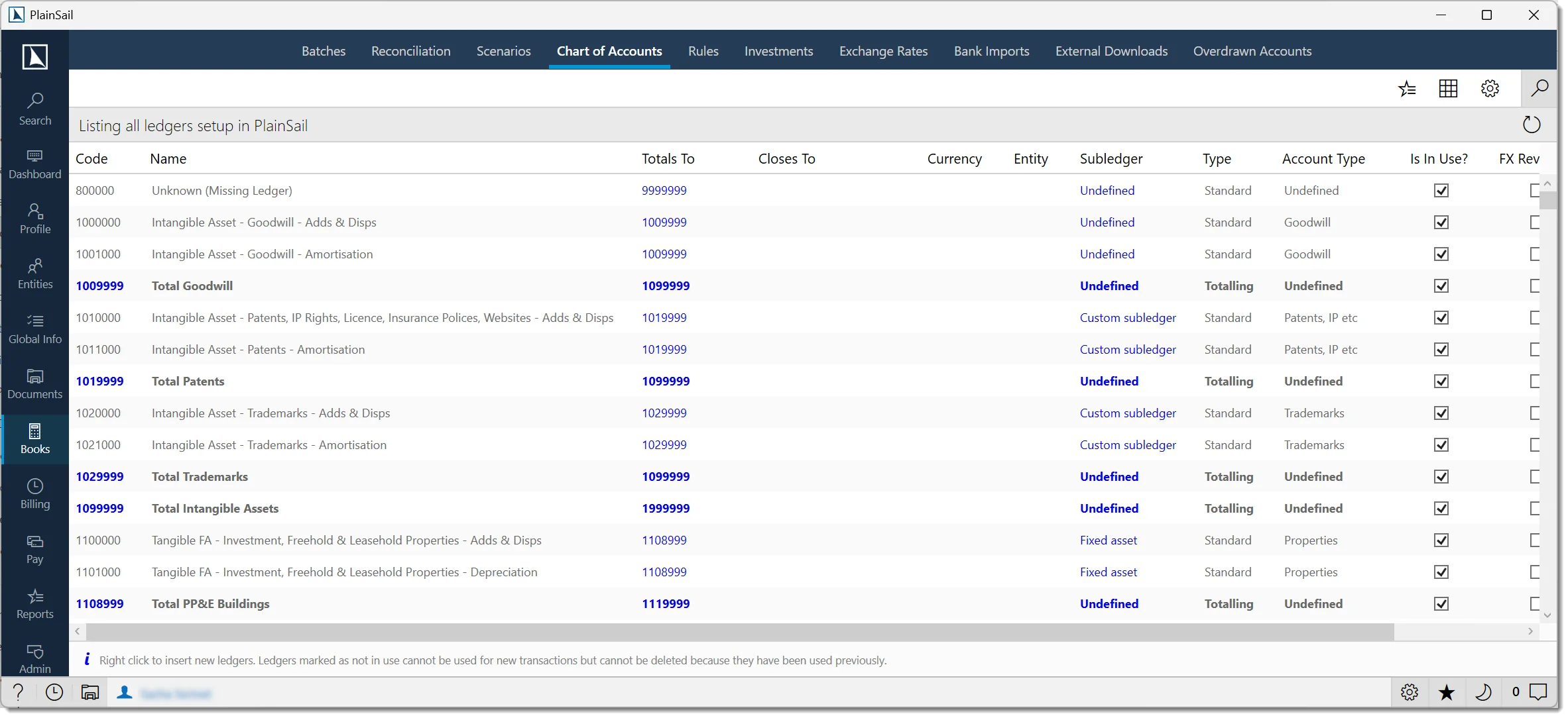 Chart of accounts screen
