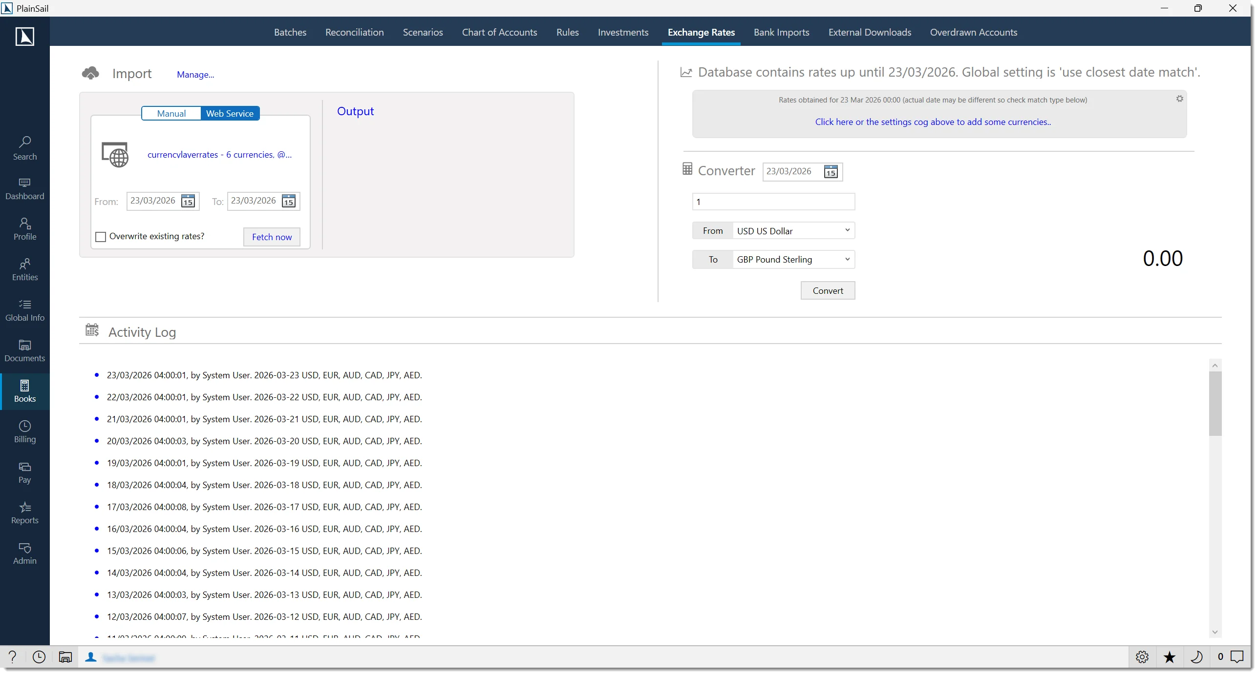 Exchange rates screen