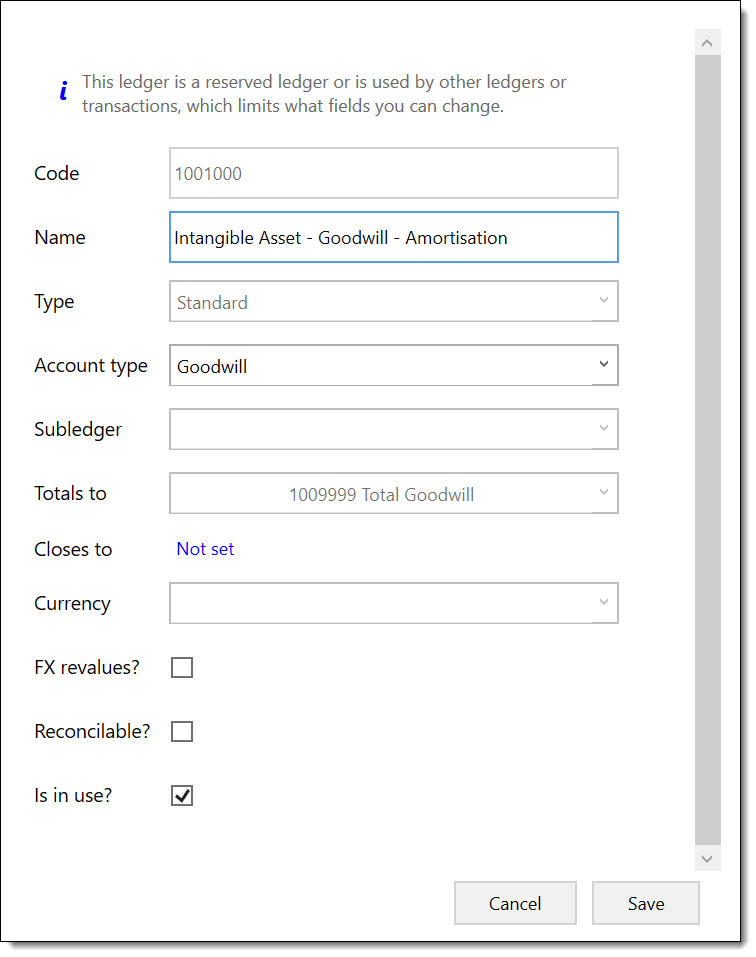 Creating ledgers dialog