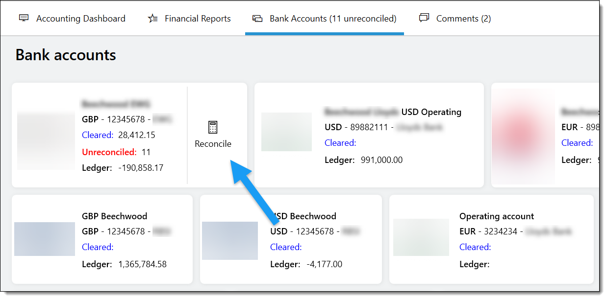 Bank reconciliation screen