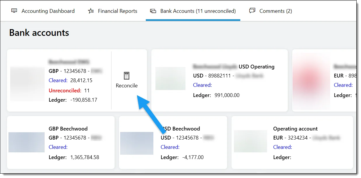 Bank reconciliation screen