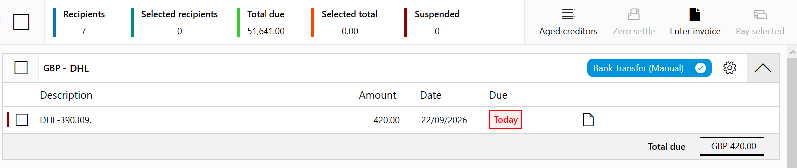 Payments screen with DHL's GBP 420 invoice outstanding, Bank Transfer (Manual) payment method and no items selected