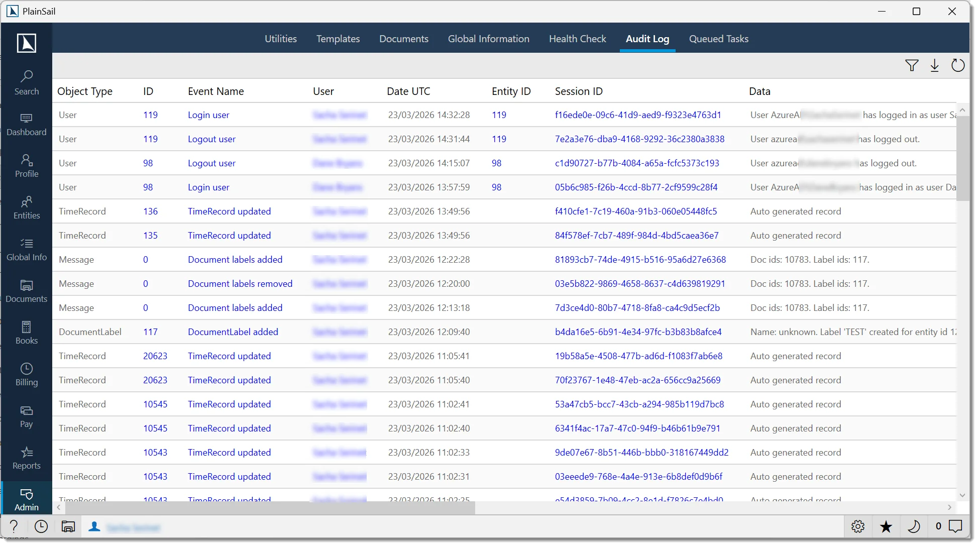 Audit log screen