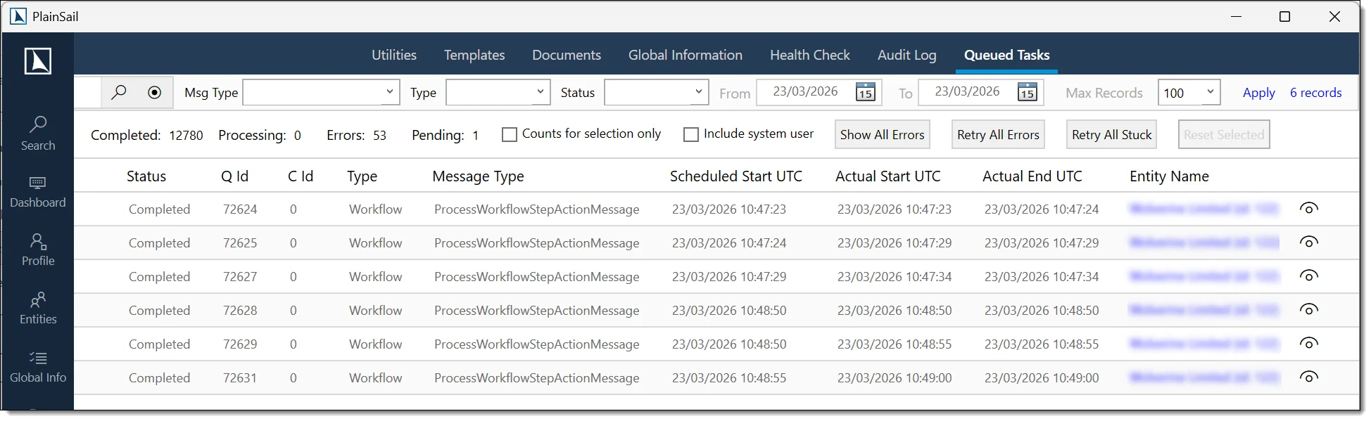 Queued tasks screen