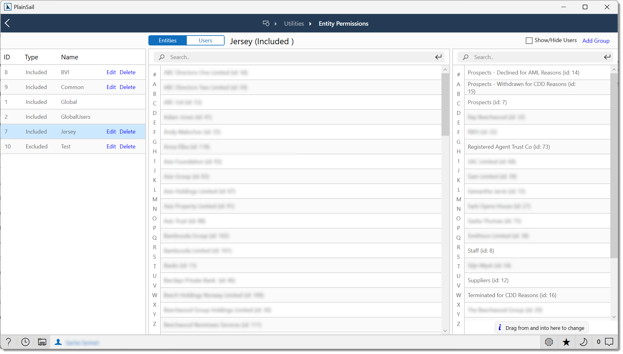Entity permissions screen