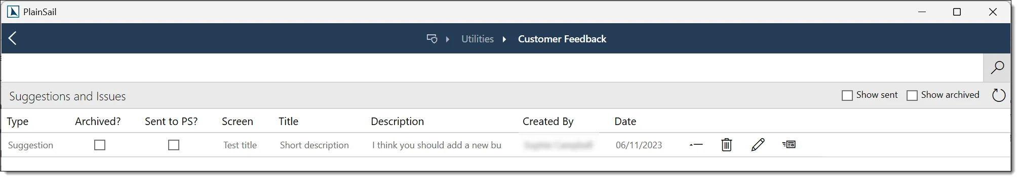 Customer feedback screen