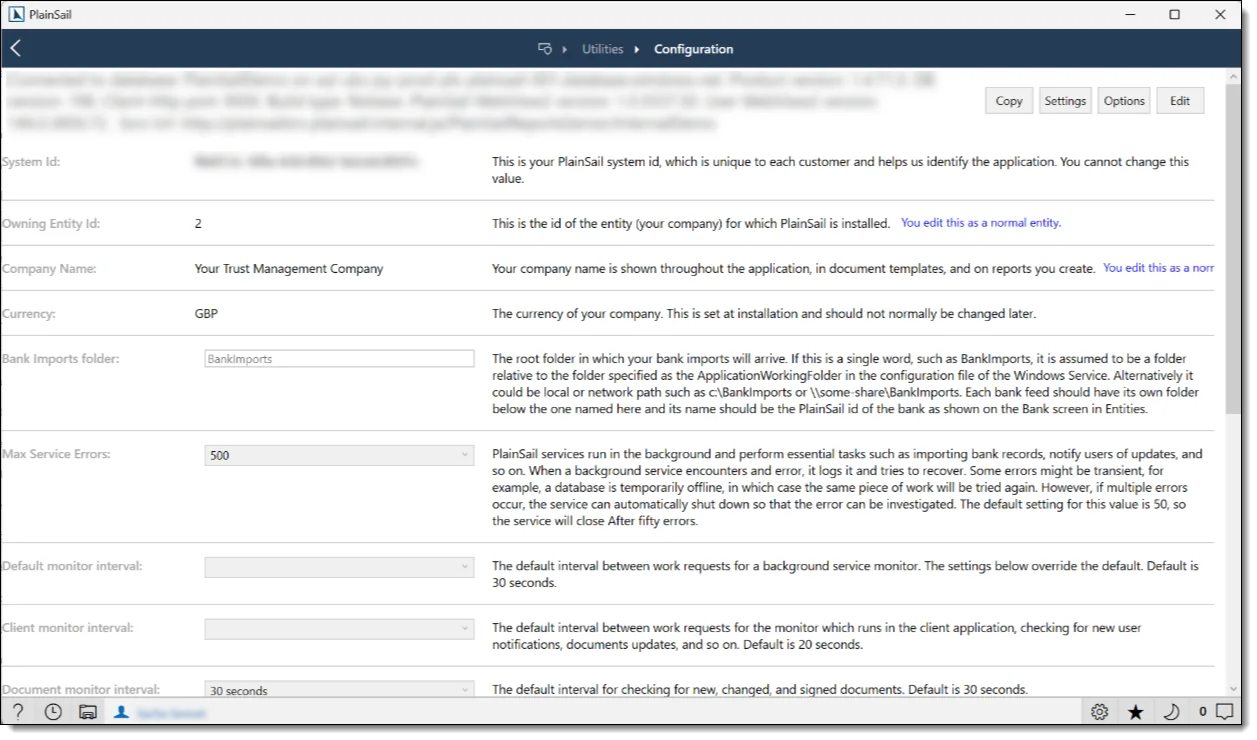 System configuration screen