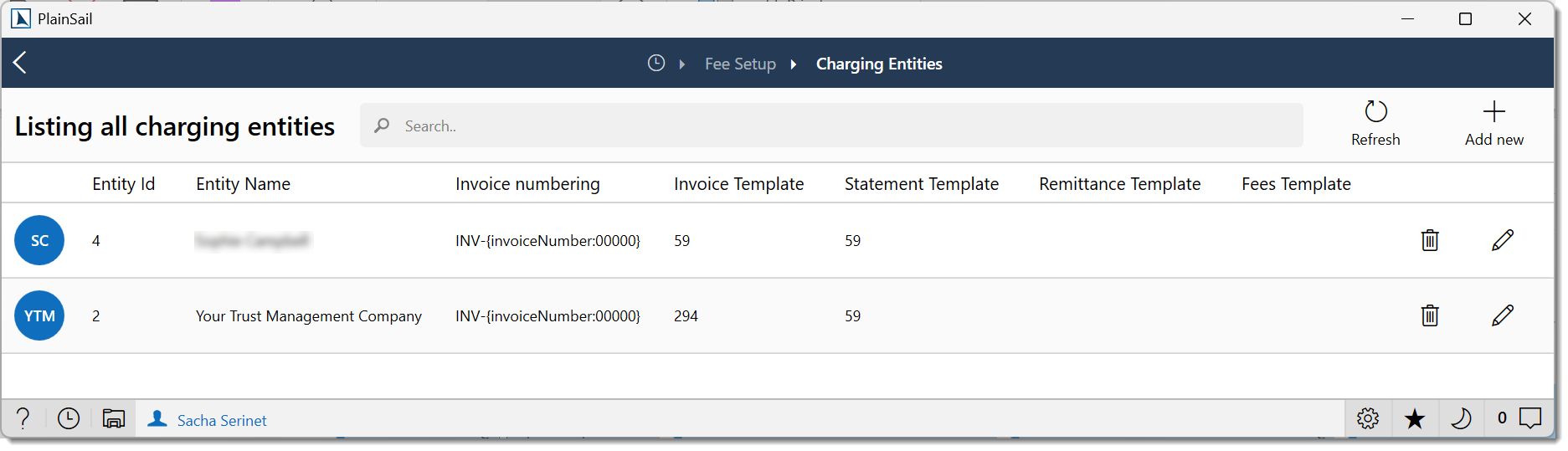 Charging entities setup