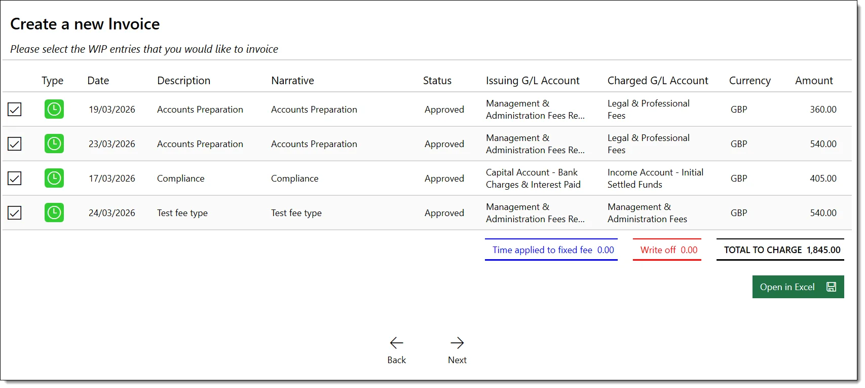 Invoice generation step 1