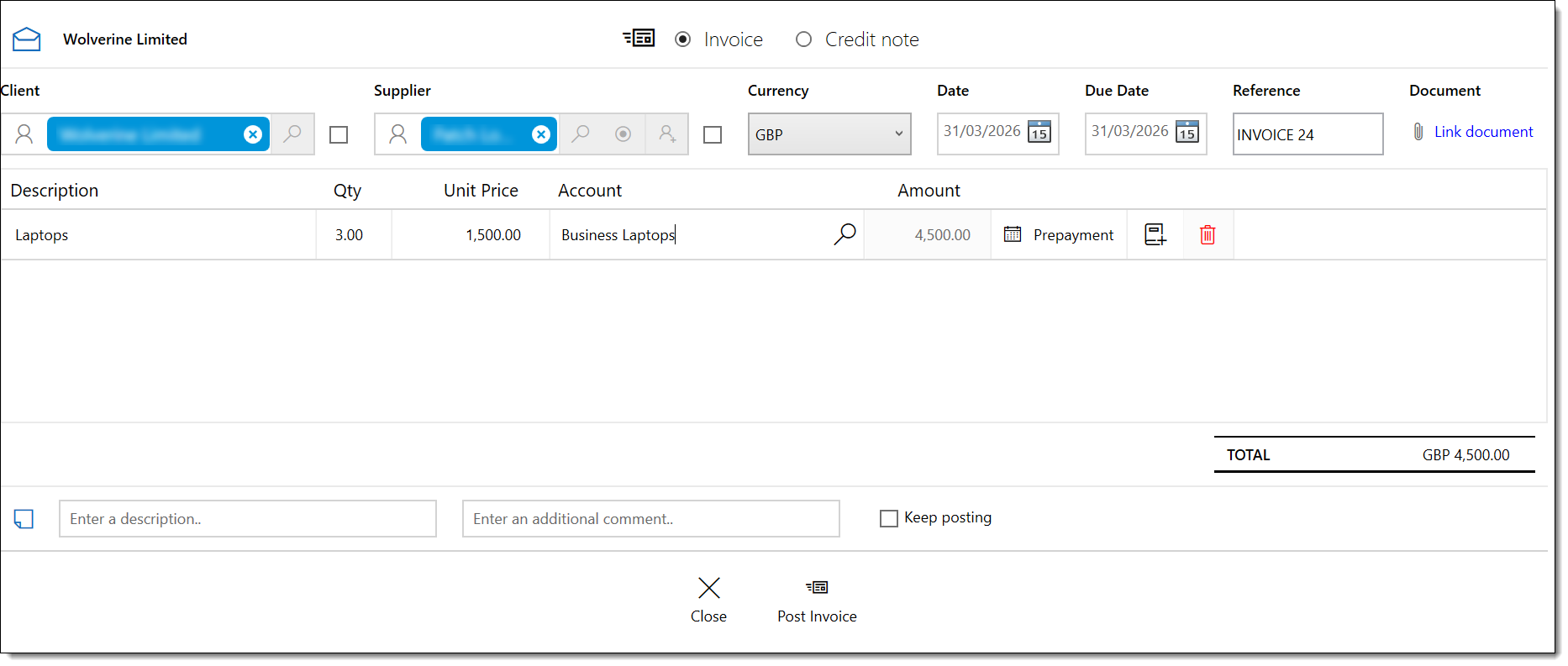 Posting a supplier invoice