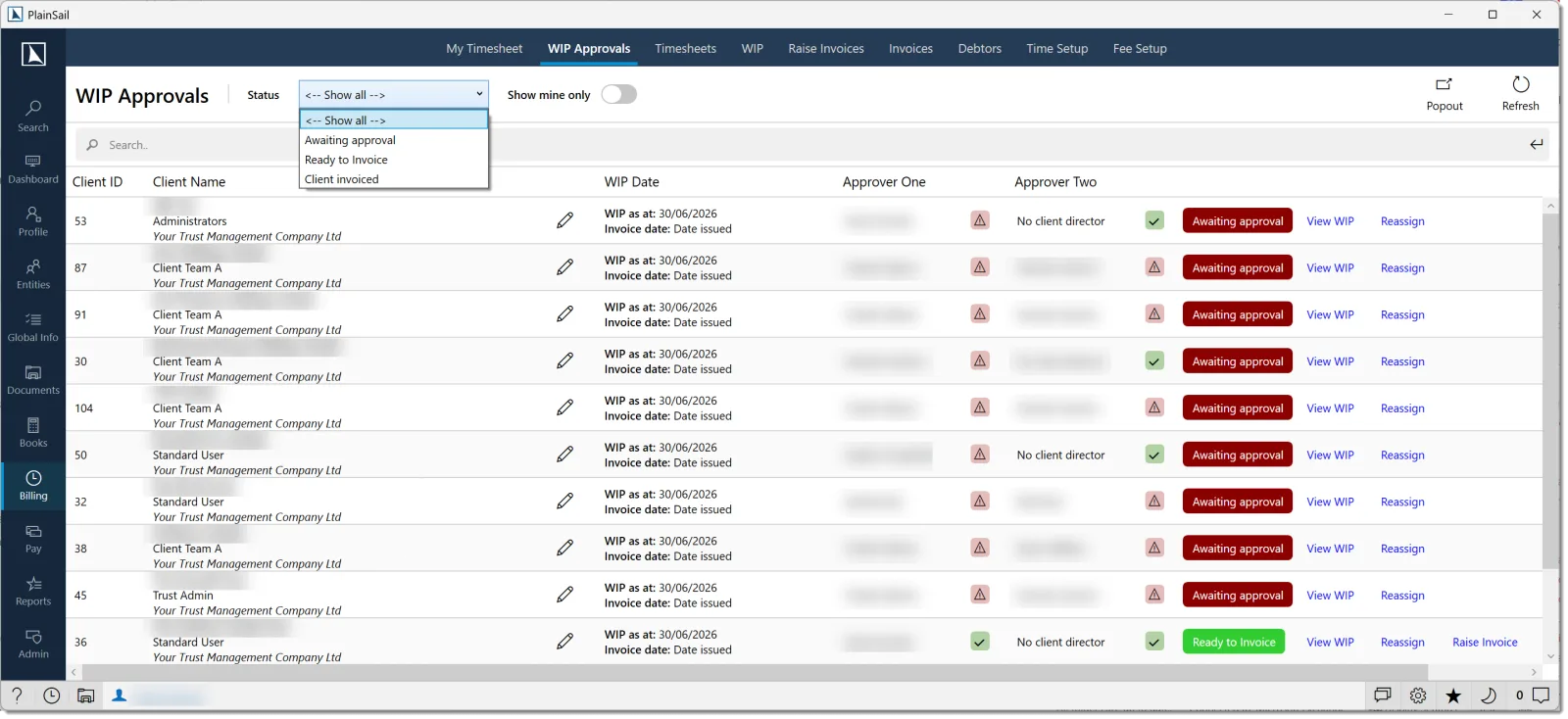 WIP Approvals list screen