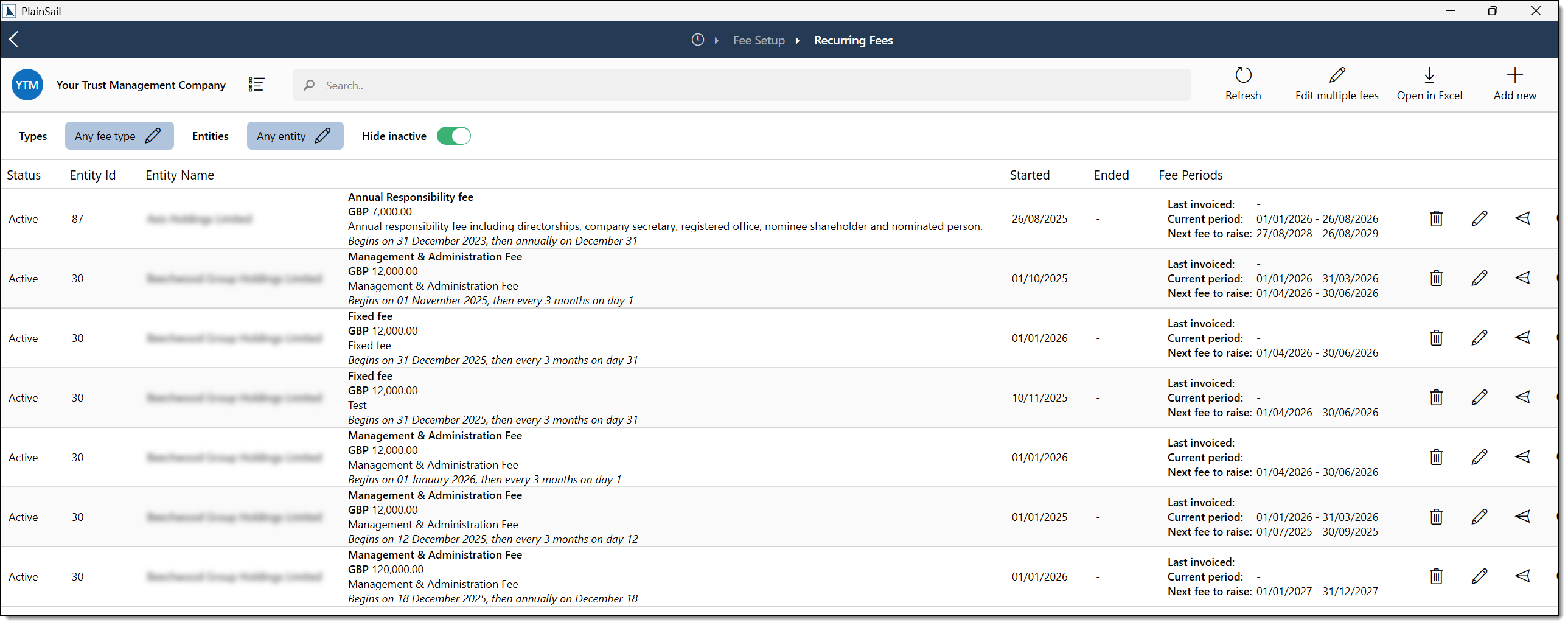 Recurring fees screen
