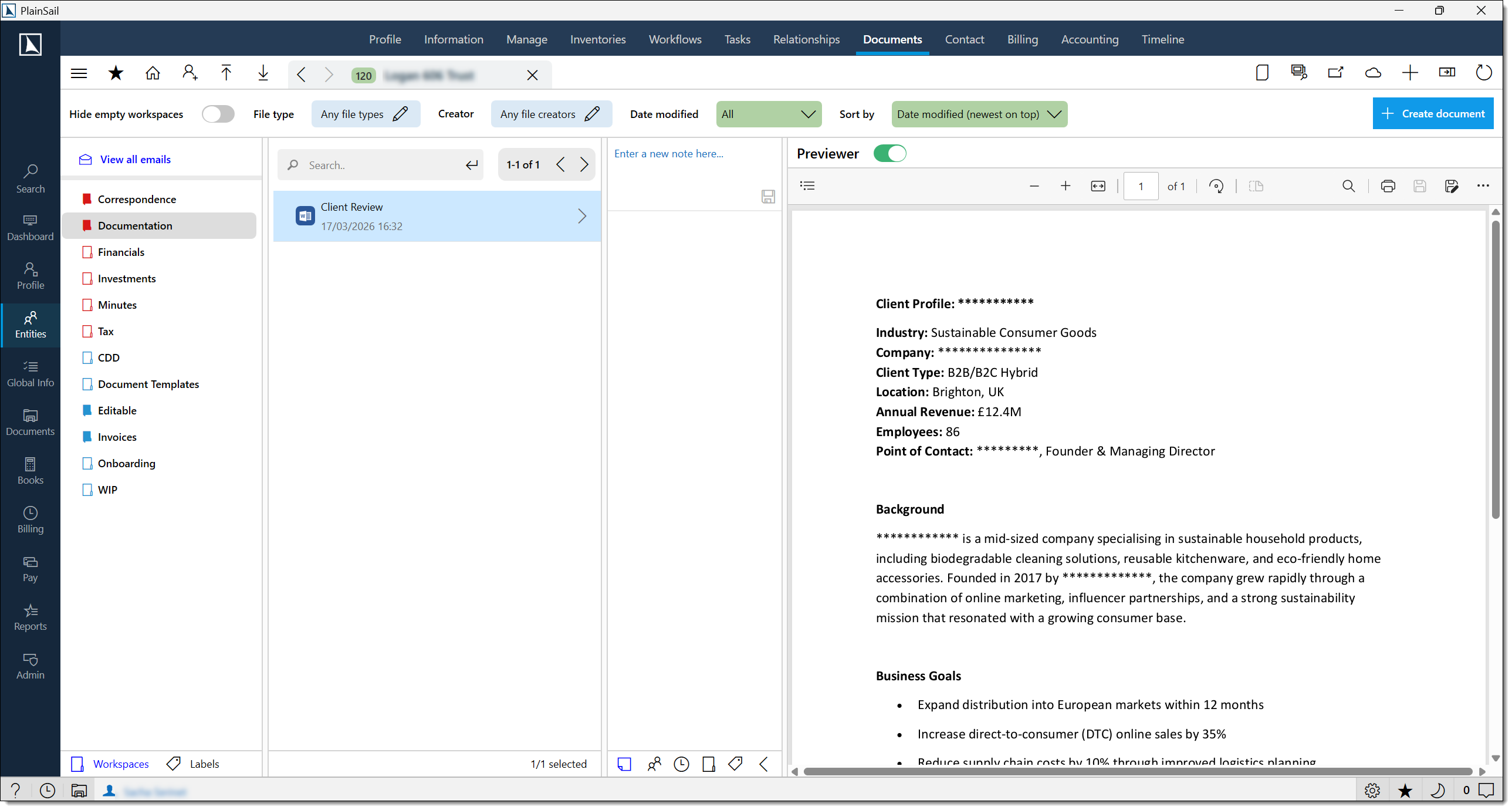 Document management overview screen
