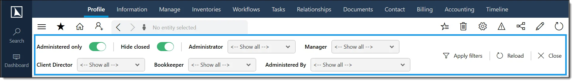 Entity list and filtering