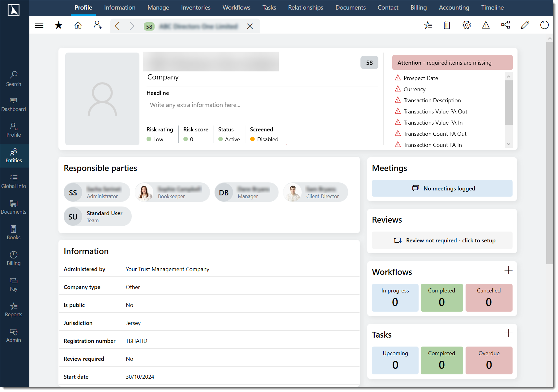 Entity profile with header, status indicators, and ribbon actions