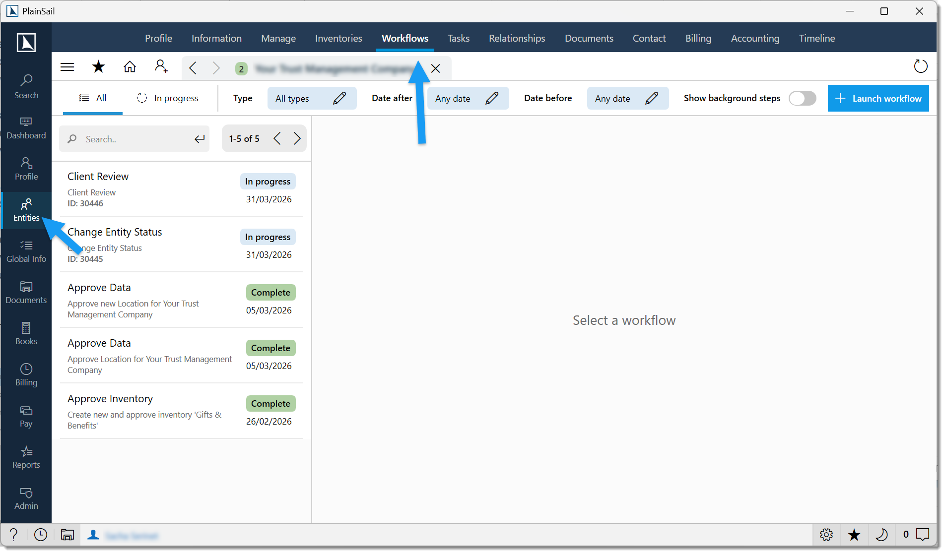 Managing workflows entity view