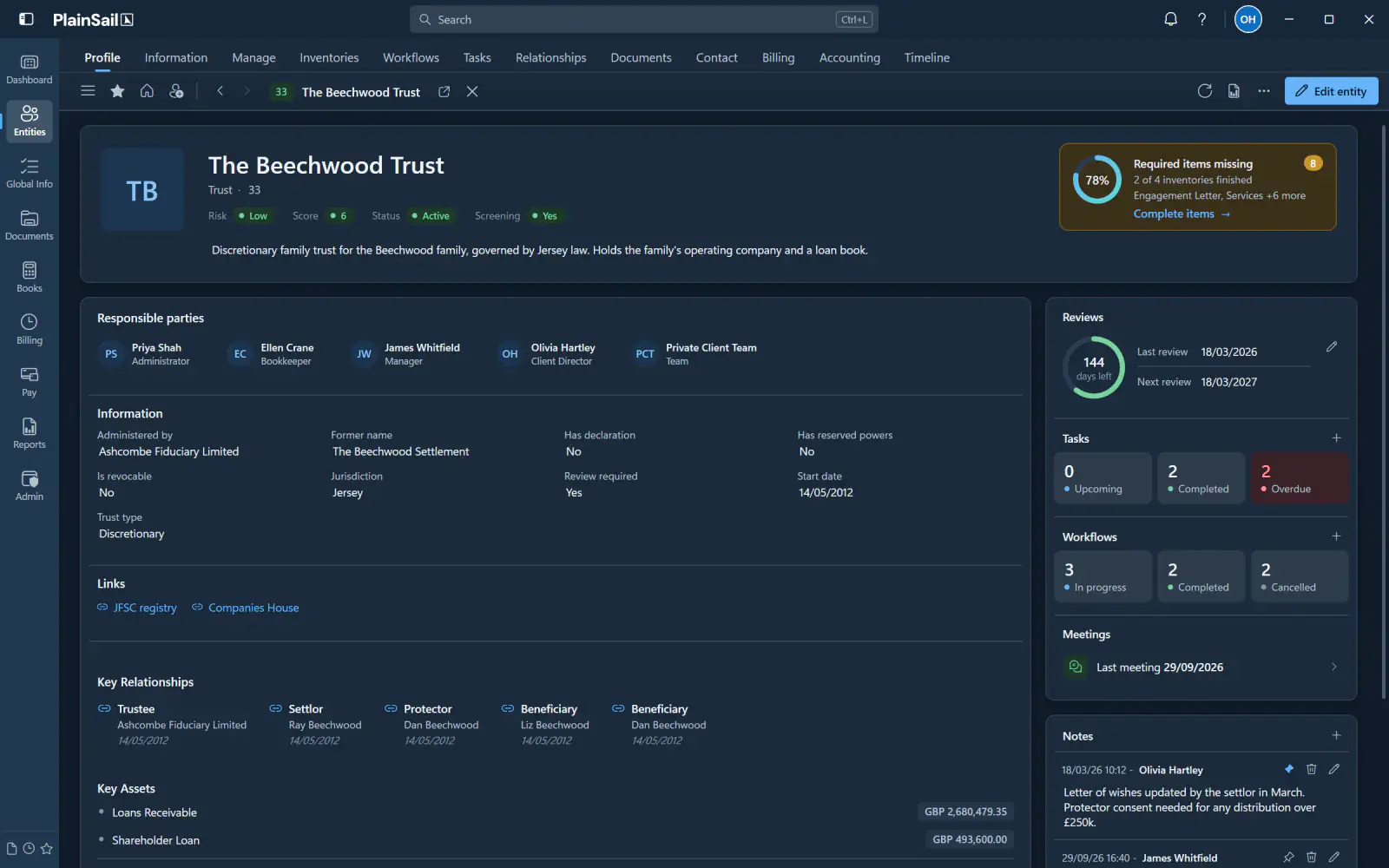 The same entity profile in the dark theme.