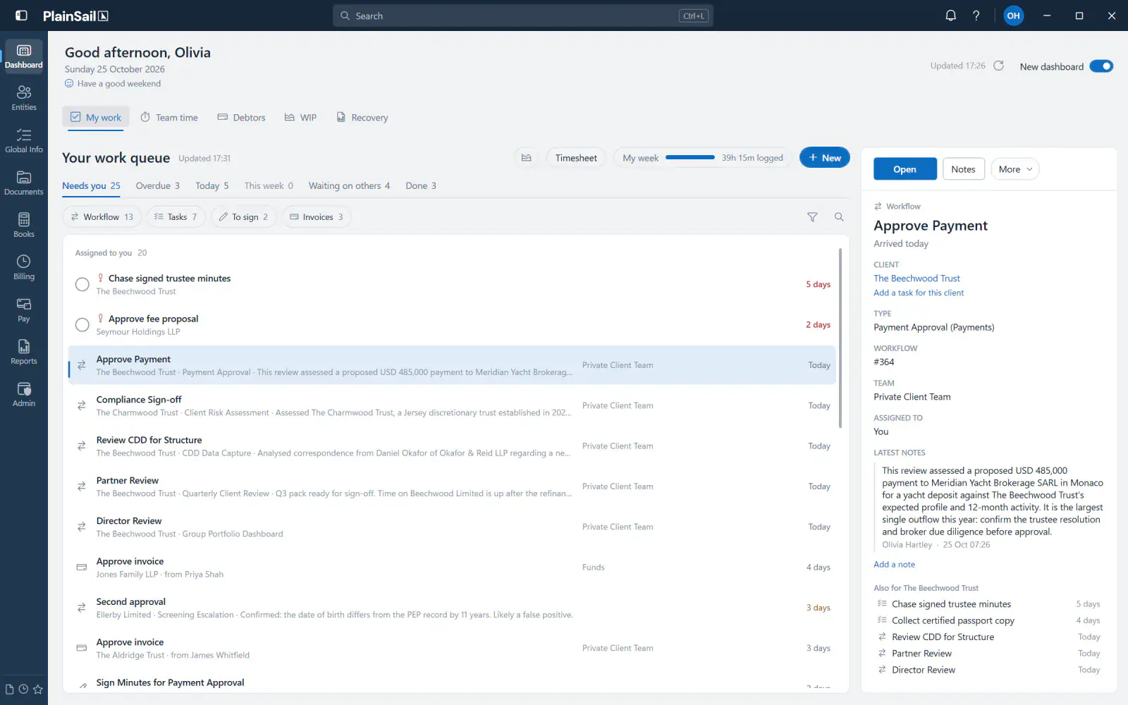 My Work, a single queue of workflow steps, tasks, signing requests and invoice approvals, with a payment approval for The Beechwood Trust open in the detail pane.