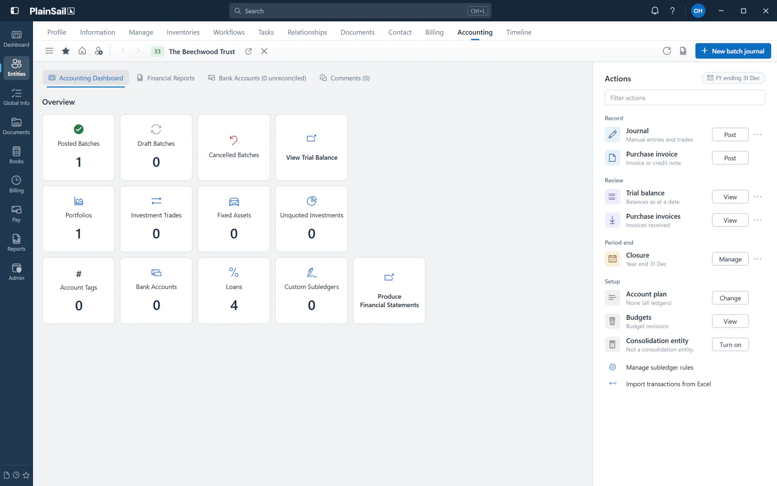 An entity&rsquo;s Accounting tab in PlainSail 2.0, with its ledger overview and actions.
