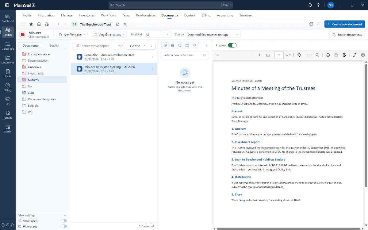 Minutes of a trustee meeting previewed in PlainSail document management.