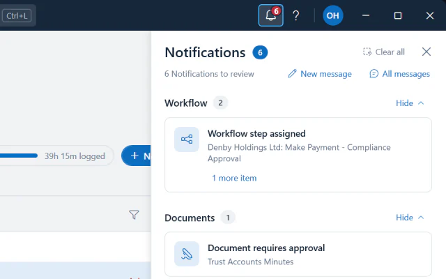 The notification centre open from the bell in the top bar.