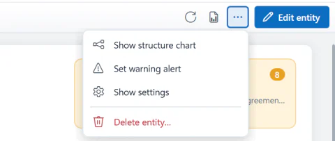 The entity ribbon with its overflow menu open, showing further actions such as the structure chart and warning alerts.