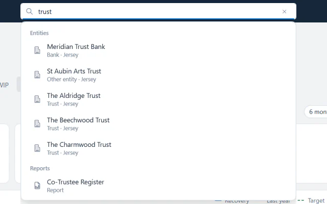Global search open in the top bar, listing matching entities.