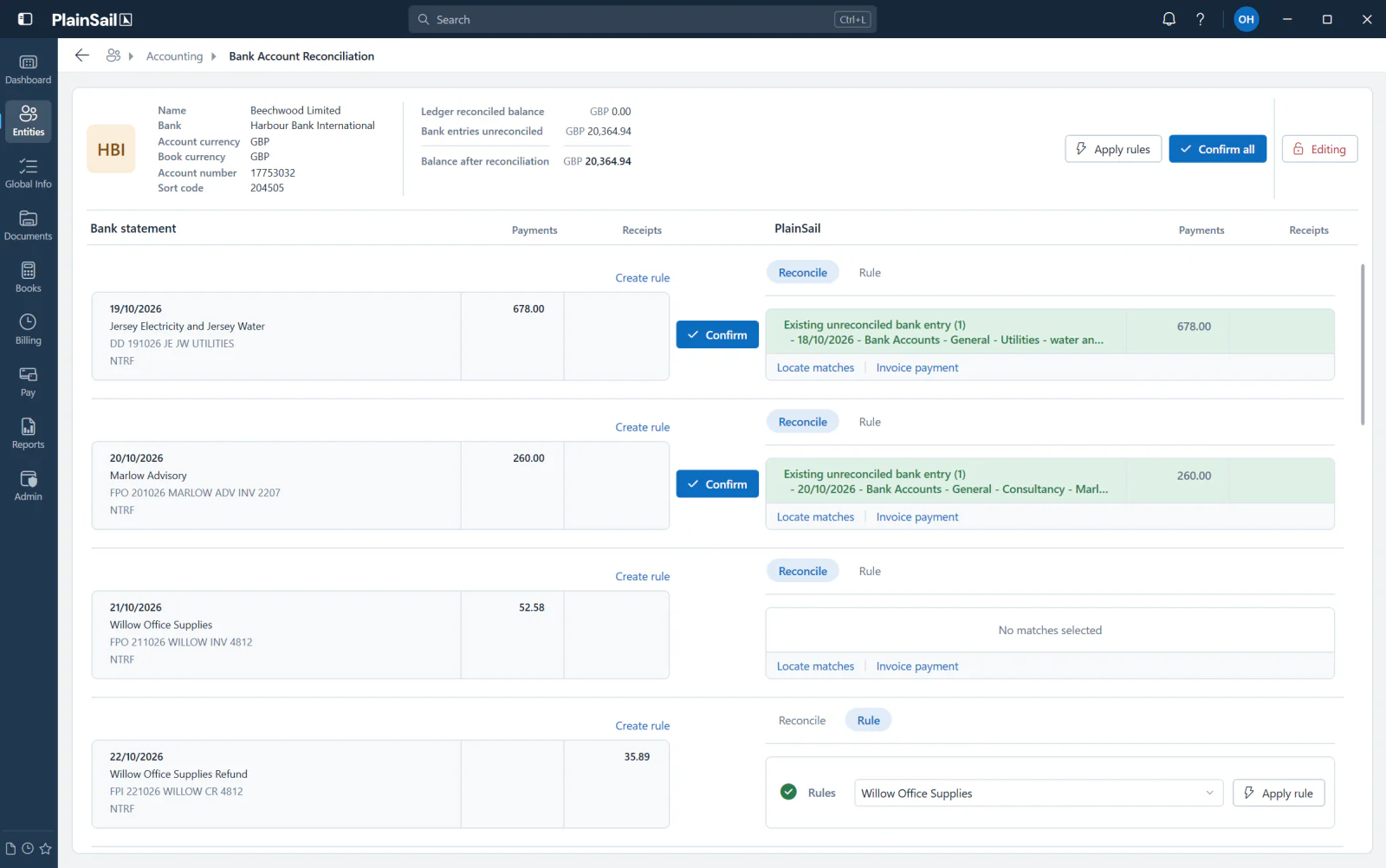 PlainSail bank reconciliation for Beechwood Limited’s Harbour Bank GBP account, with statement lines on the left matched to PlainSail entries on the right, ready to confirm, and a rule suggested for a supplier refund