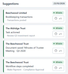 Timesheet suggestions drawn from recent activity, such as bookkeeping transactions posted, a task actioned and workflow steps completed, each ready to add as billable time