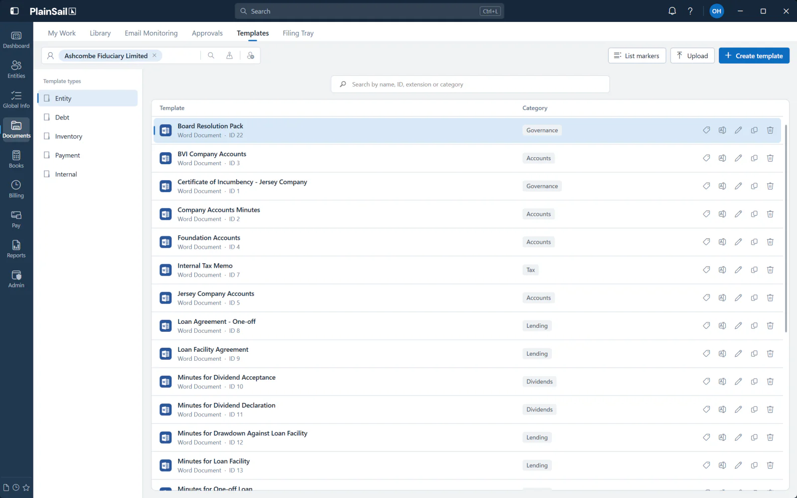 PlainSail document templates library, with Word templates such as board resolution packs, company accounts and loan agreements grouped by category