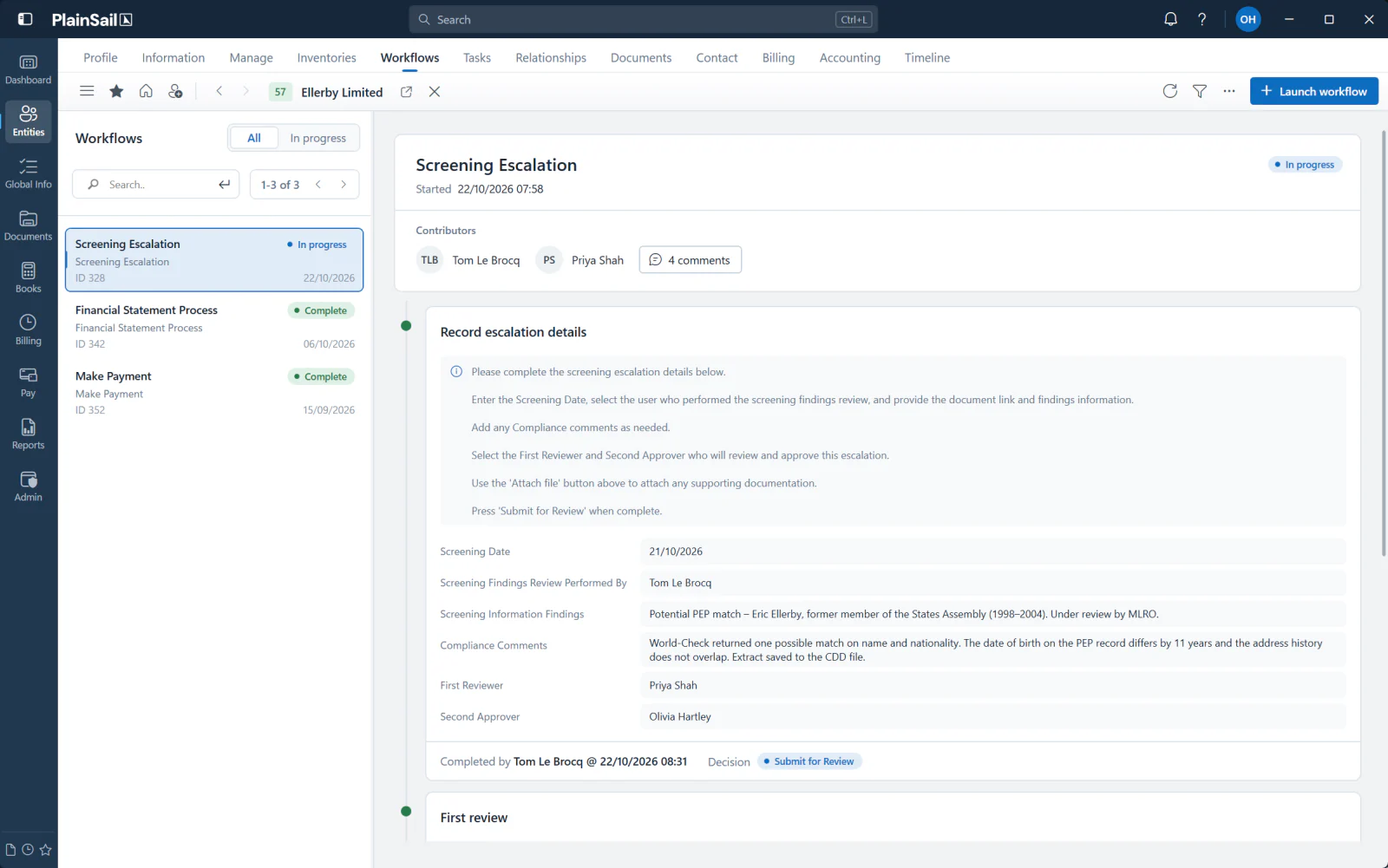 A screening escalation workflow for Ellerby Limited in progress, recording a potential PEP match under review with the first and second approvers