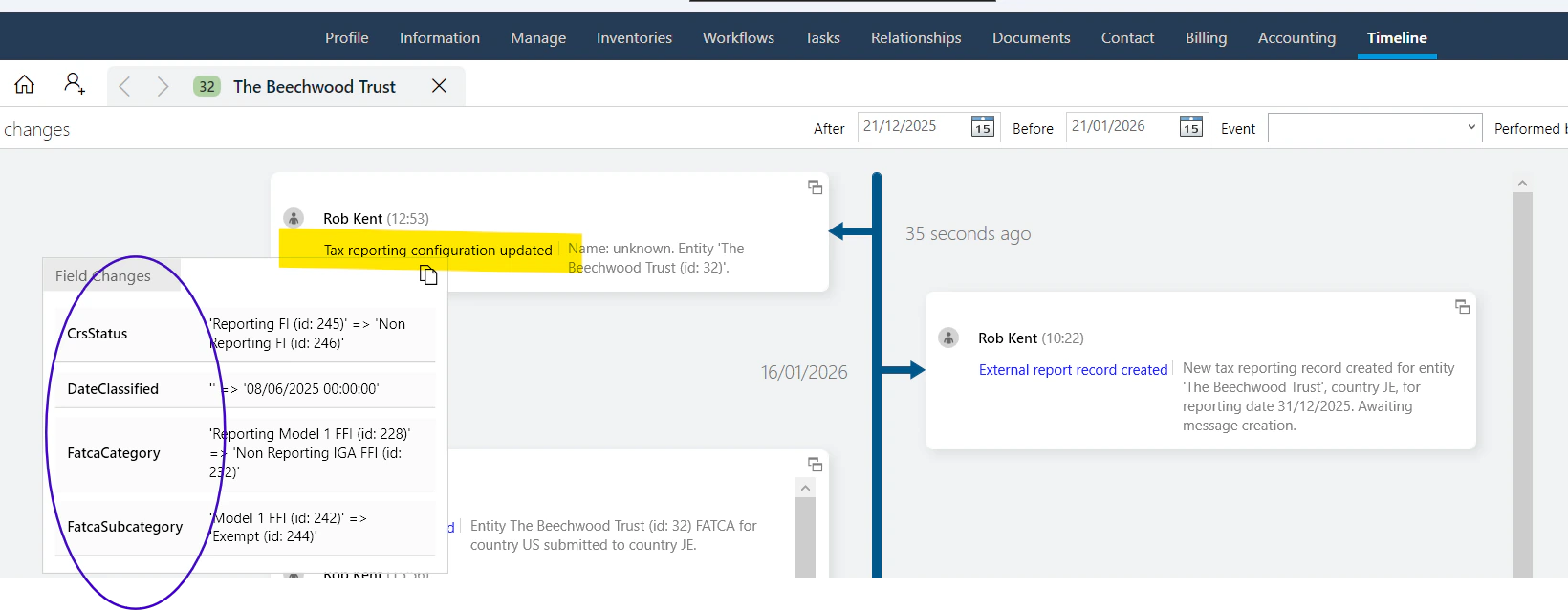Classification change on entity timeline