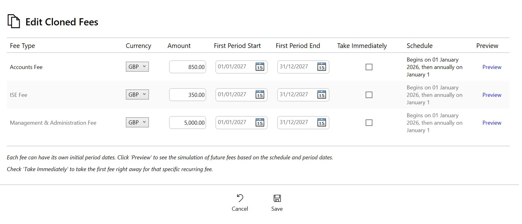 Edit and adjust cloned fees