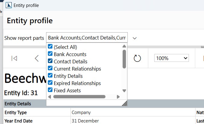 Entity profile report parts dropdown