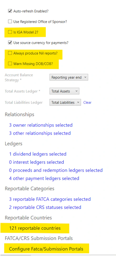 FATCA/CRS configuration screen