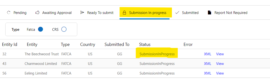 Submission in progress tab