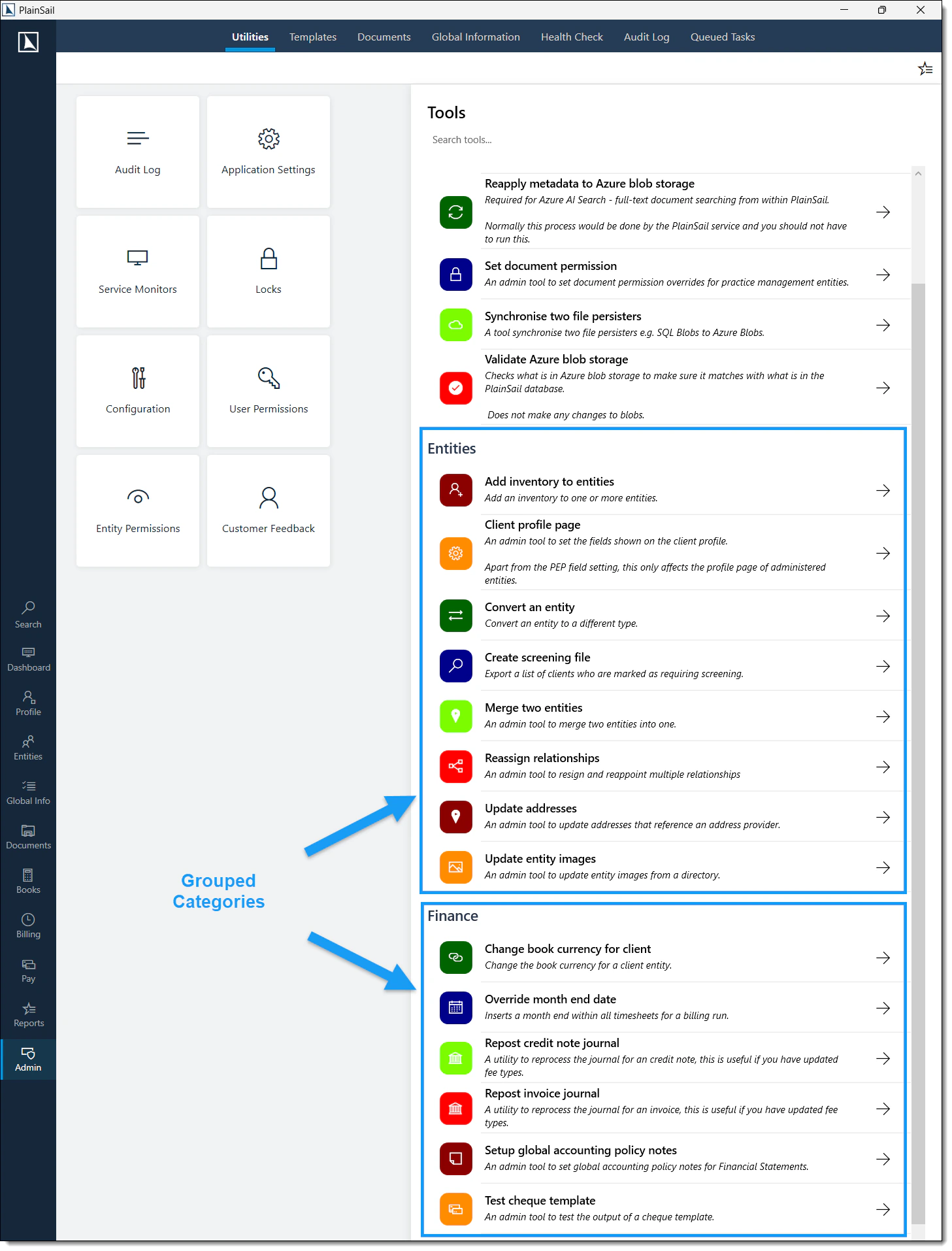 Admin utilities panel grouped into ordered categories