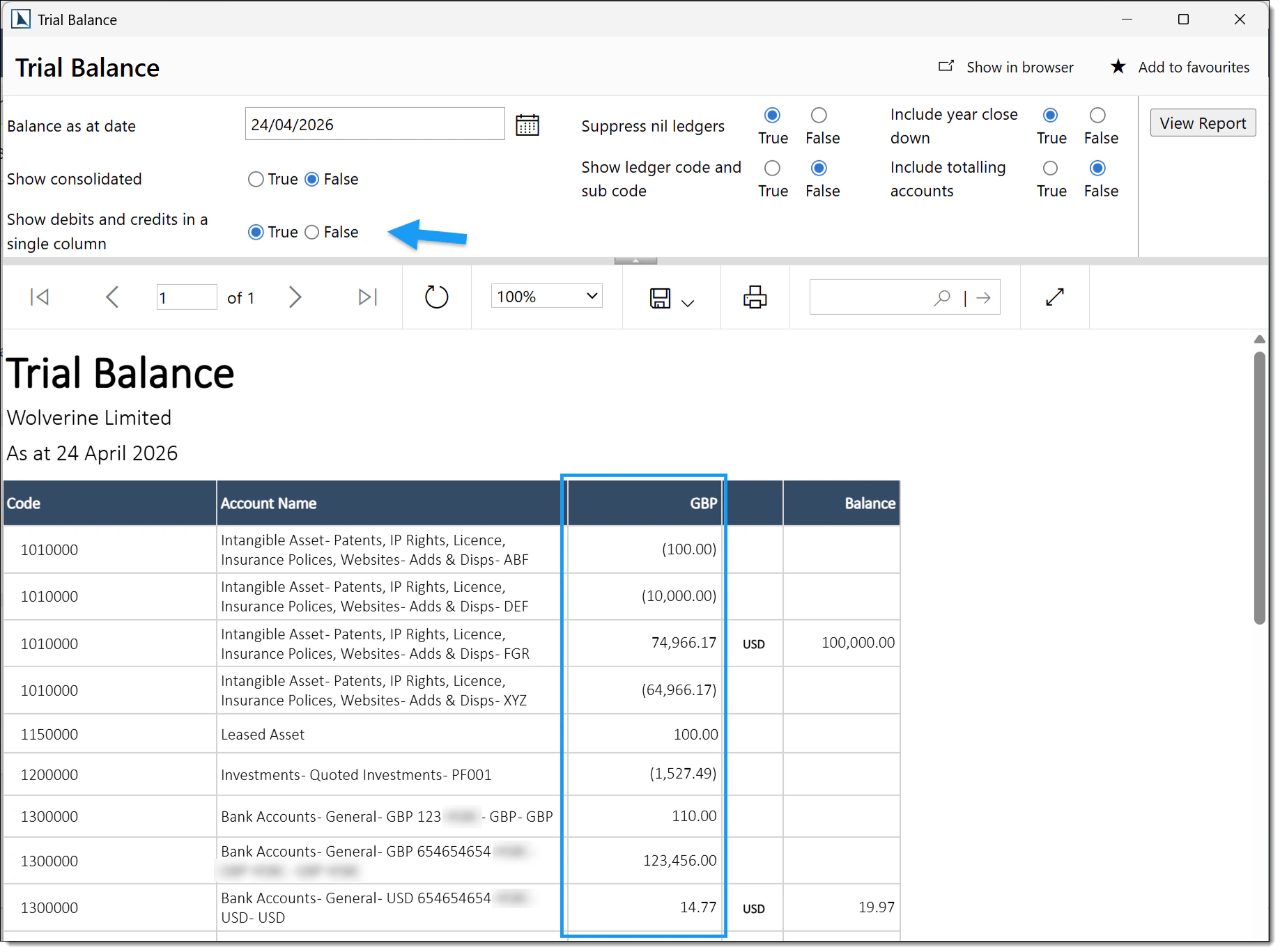 Trial Balance with debits and credits in a single combined column