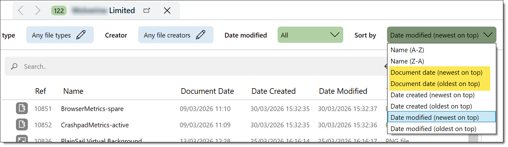 Sort documents by document date