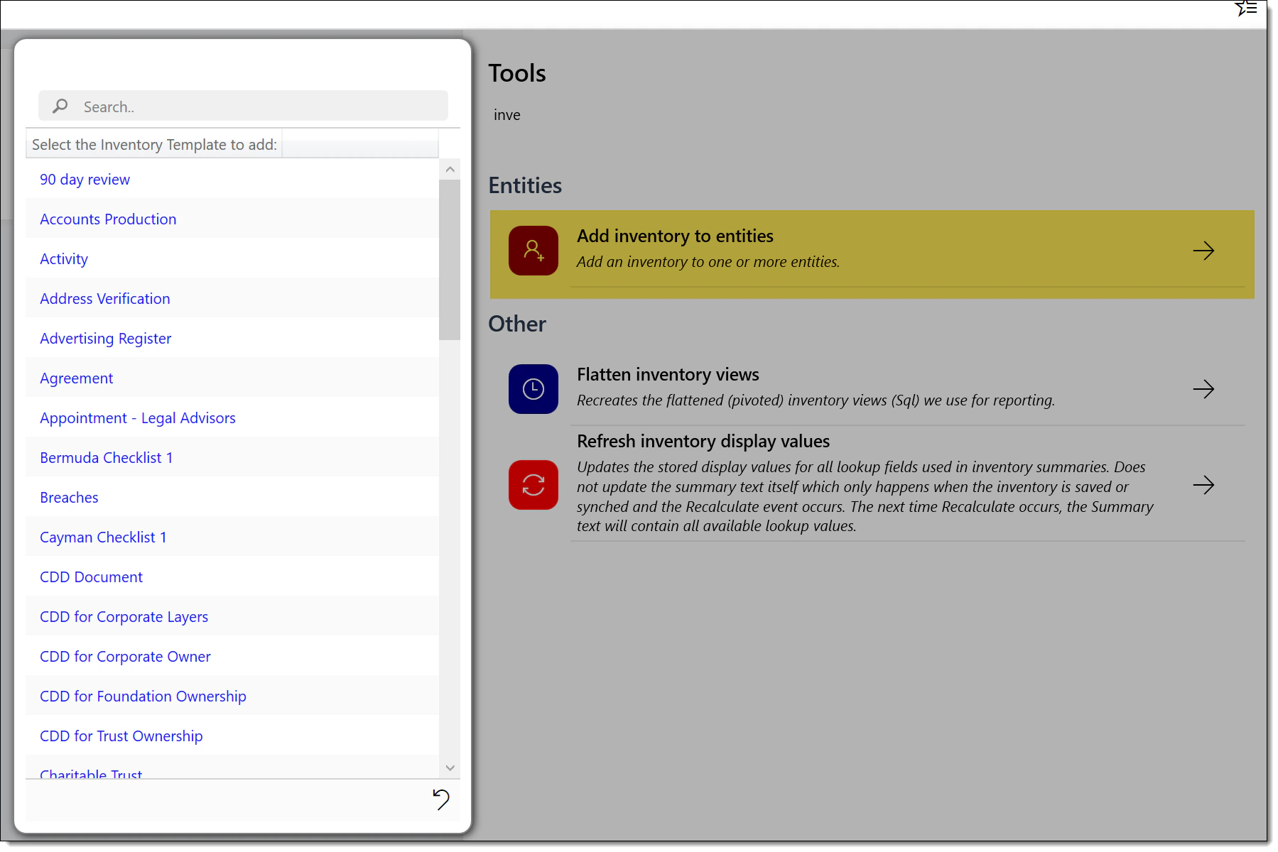 Push inventory utility with entity selection and wildcard search