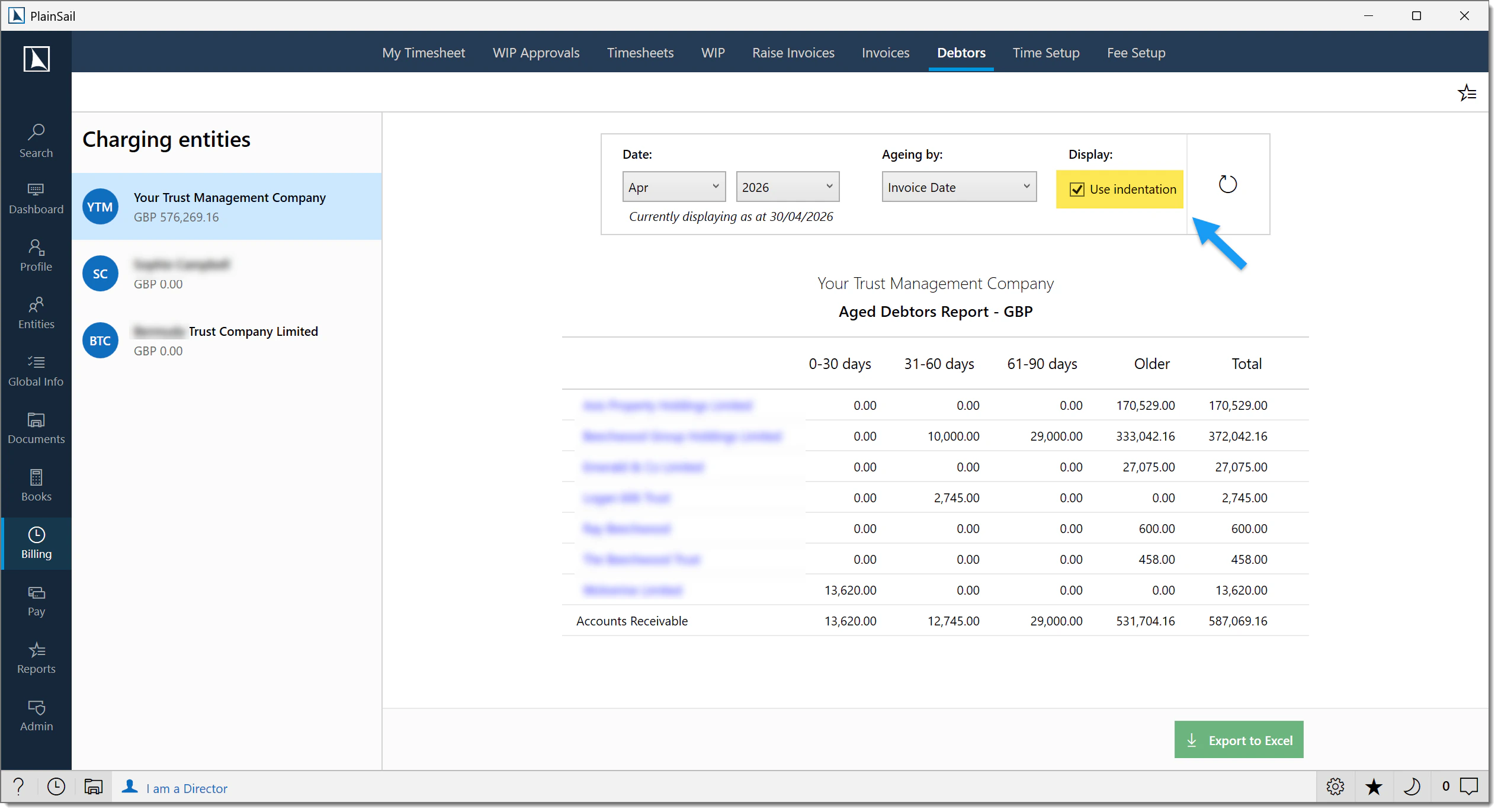 Aged Debtors report with indentation toggle