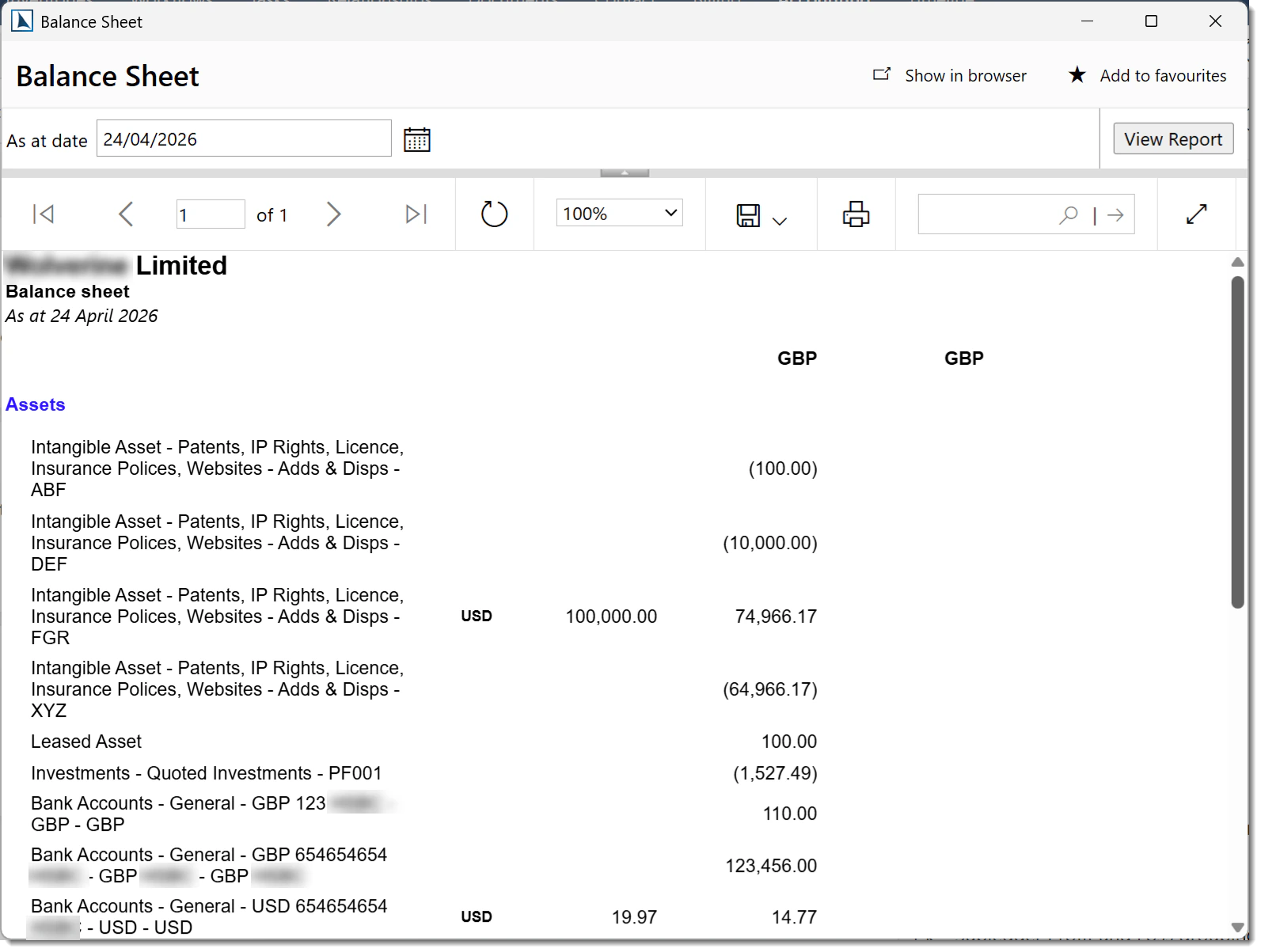 Balance Sheet report
