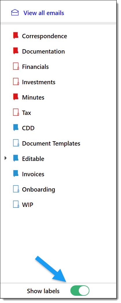 Show Labels toggle replacing Workspaces and Labels buttons