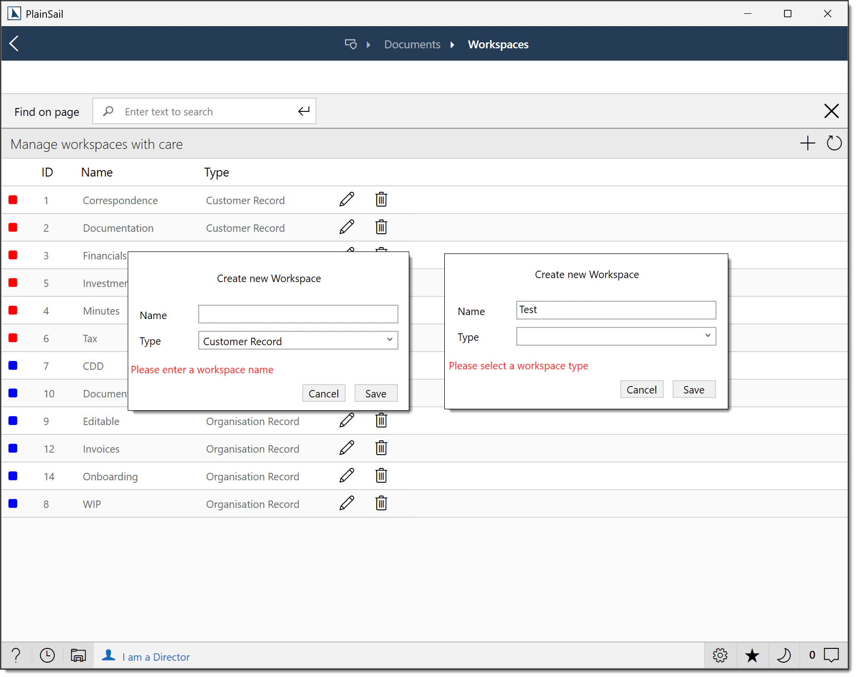 Workspace validation messages