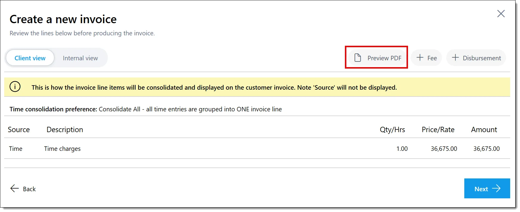 Create a new invoice with the Preview PDF action highlighted