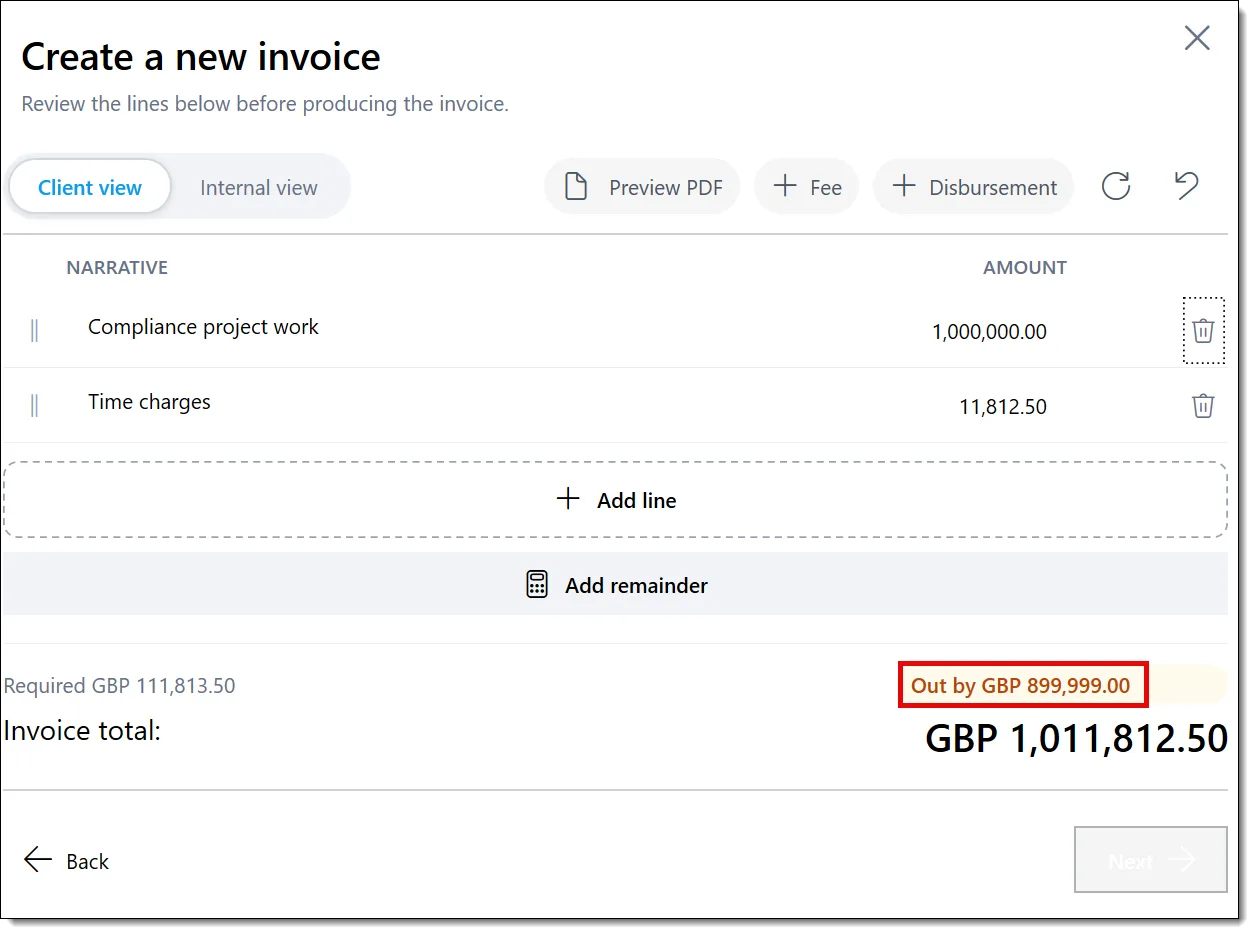 Invoice line validation showing the amount is out by a difference