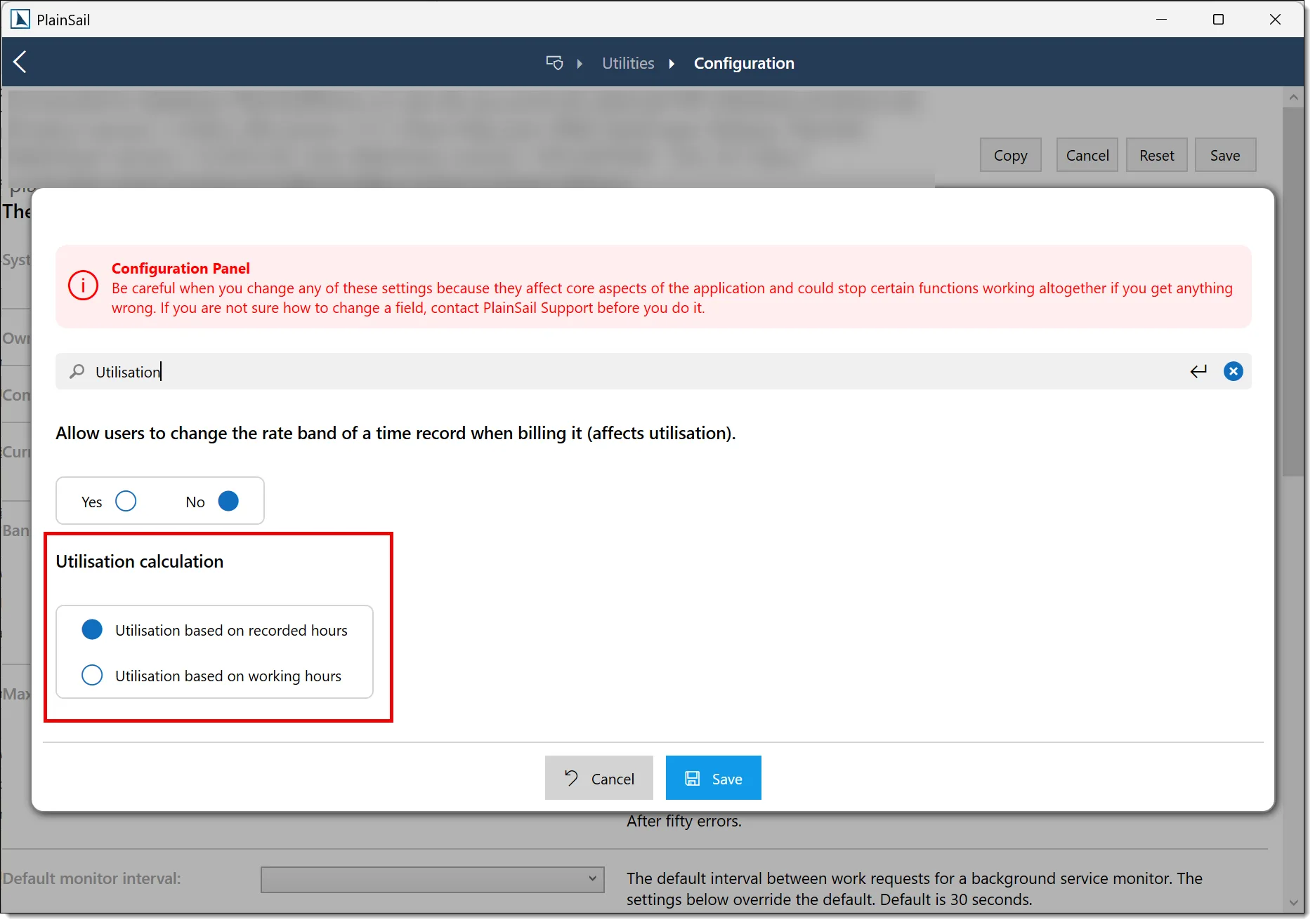 Utilisation calculation configuration option for recorded or working hours