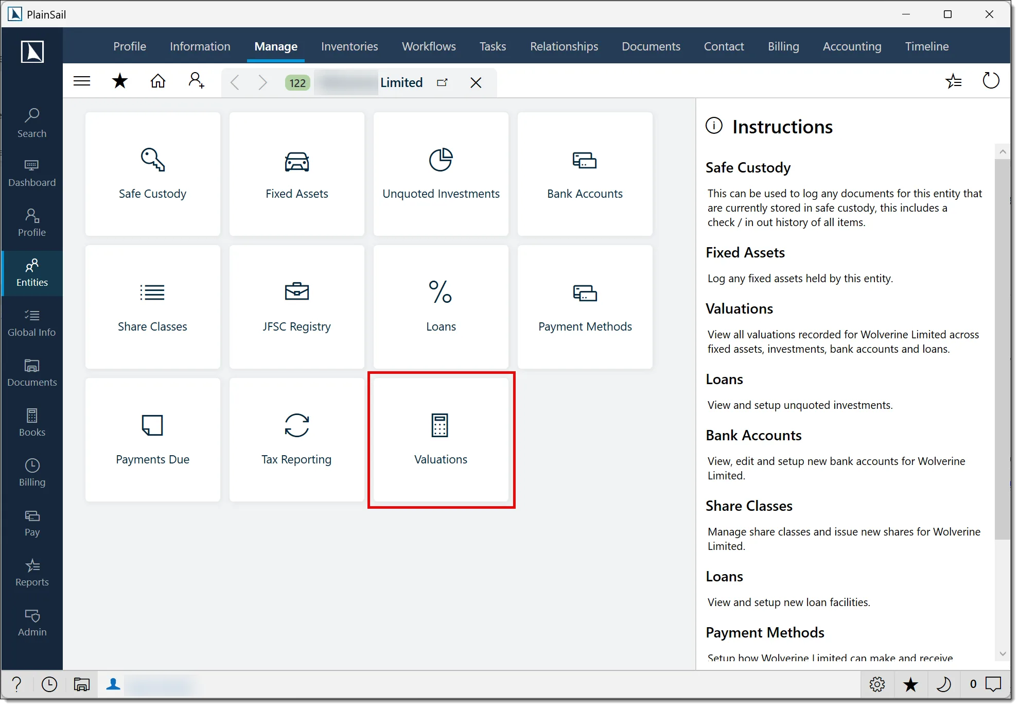 Valuations option in an entity's Manage menu