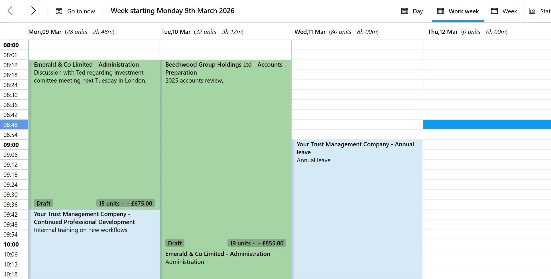 PlainSail visual calendar timesheet with drag-and-drop time entry